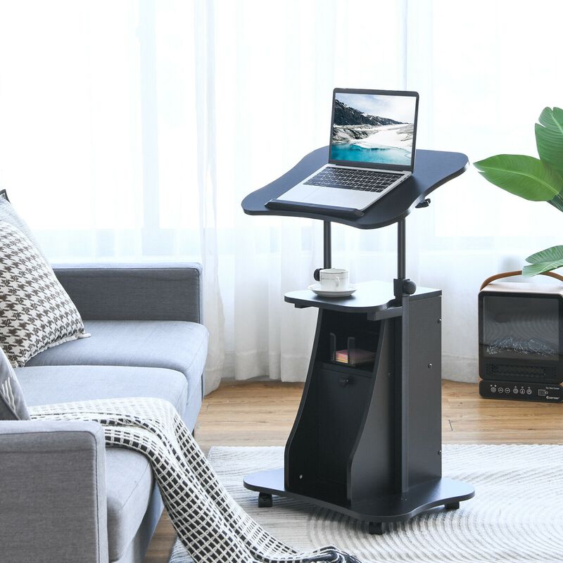 Adjustable Mobile Standing Desk Cart with Tilt Desktop and Cabinet