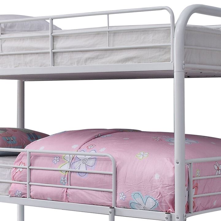 Metal Triple Twin over Twin Size Bunk Bed with Built In Ladders, White-Benzara