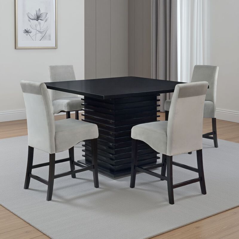 Tela 5pc Counter Height Dining Set, Black Wood Table, 4 Gray Chairs - Benzara