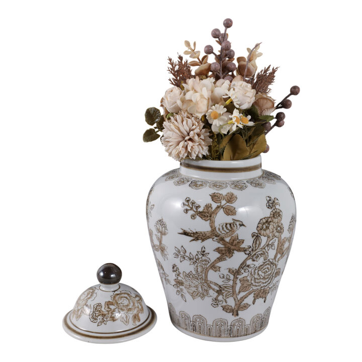 12x7" Chinoiserie Bird & Vines Temple Jar,brwn/wht