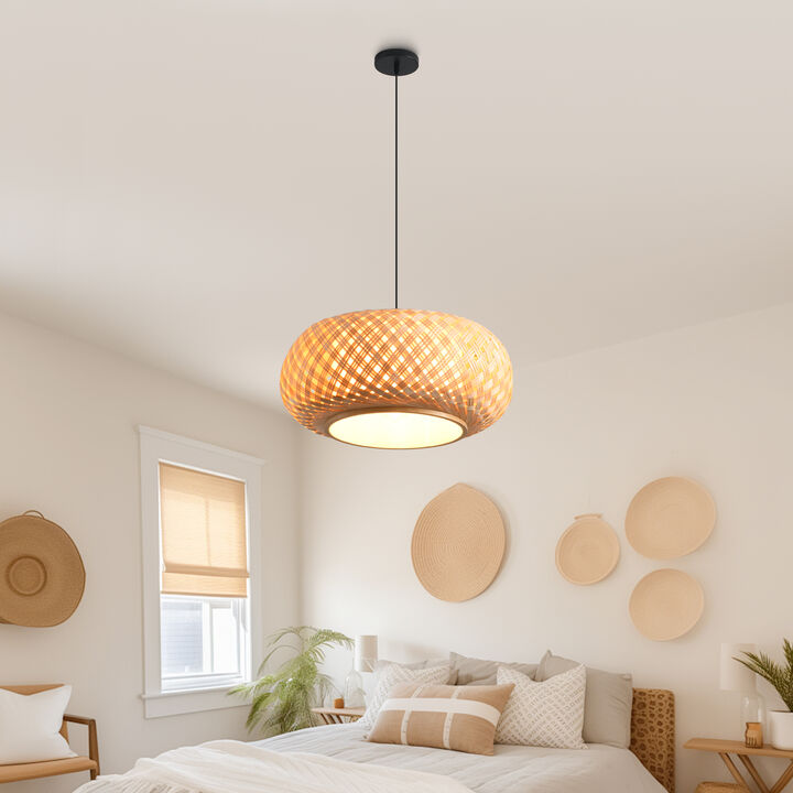 15.8" Farmhouse Handwoven Bamboo Natural Caged Pendant Light for Living Room, Dining Room and Kitchen Island