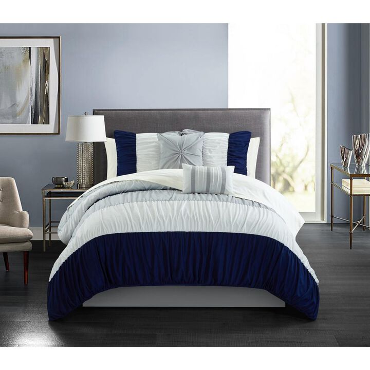 Chic Home Fay Comforter Set Ruched Color Block Design Bed In A Bag Navy, Queen