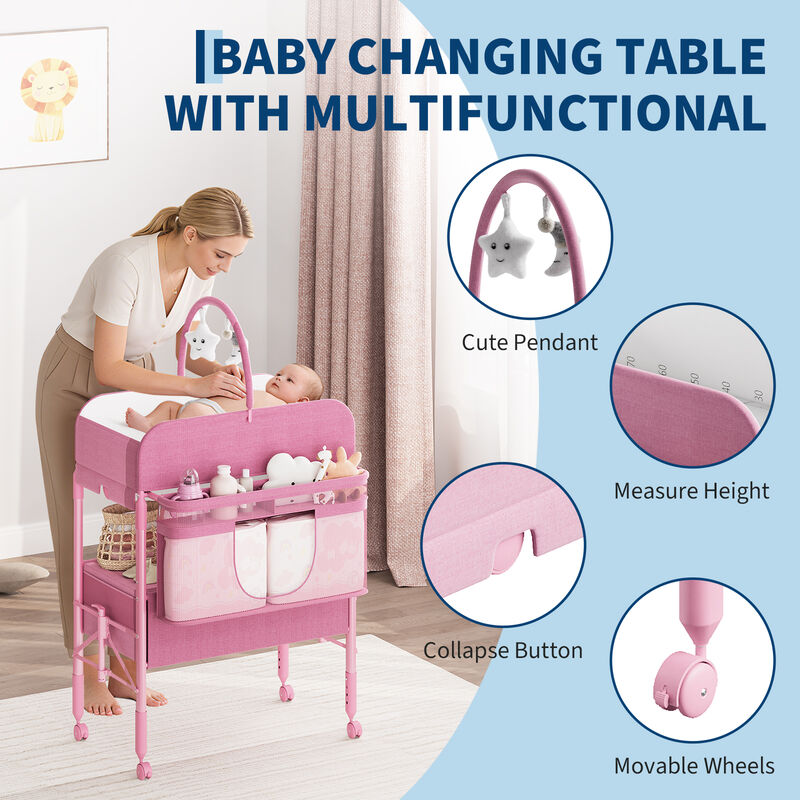Portable Adjustable Baby Changing Table &ndash; Foldable Mobile Diaper Station with Wheels, 2 Drawers & Waterproof Top image number 1