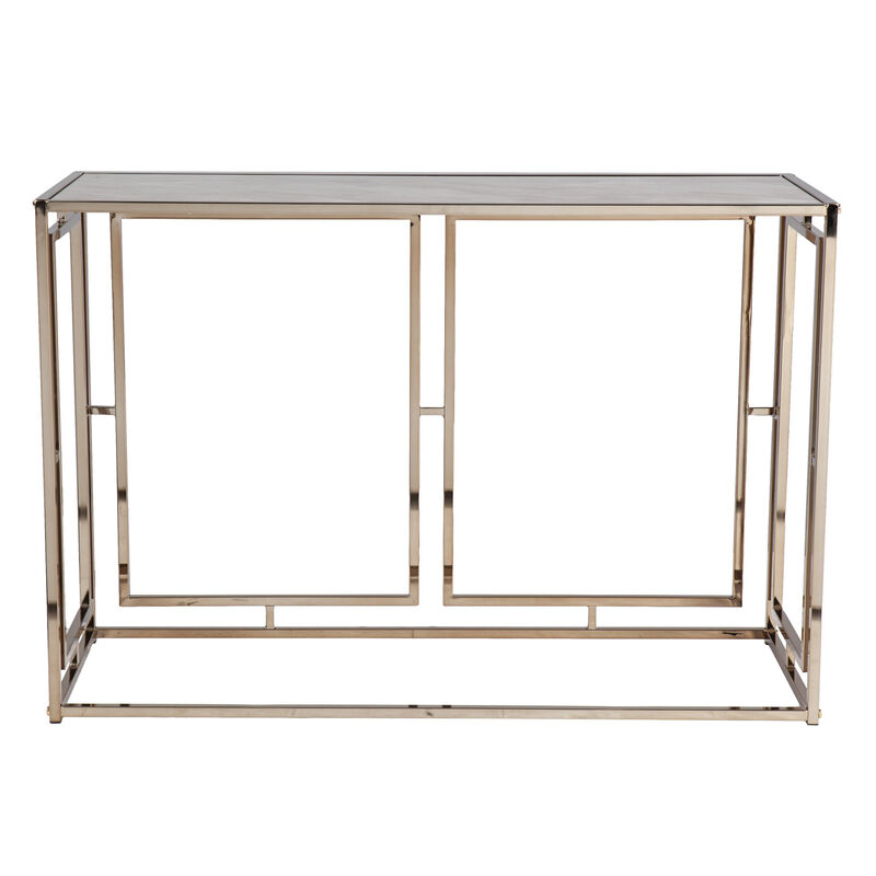HomeRoots 44" Champagne and Gold Faux Marble and Metal Frame Console Table image number 4