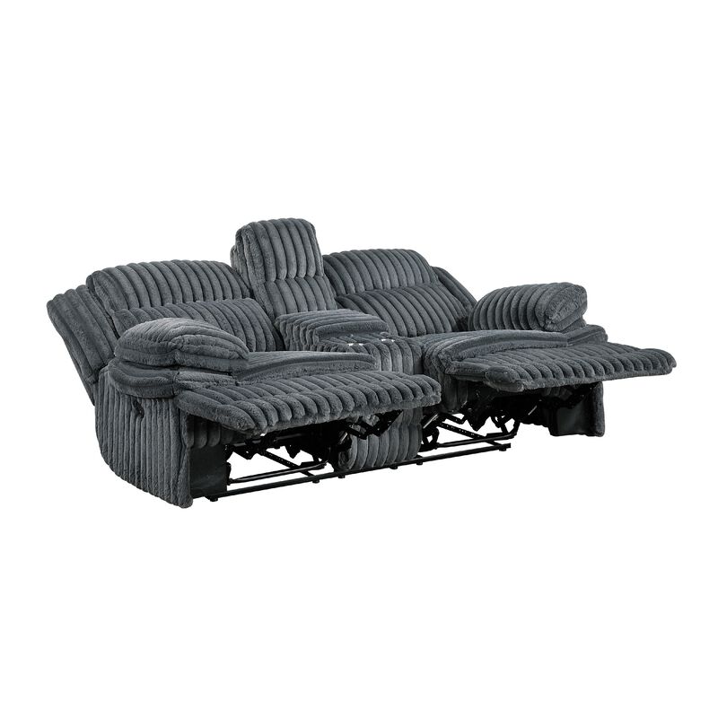 Rexy Manual Dual Recliner Loveseat, Console Dark Gray Corduroy 85 Inch - Benzara