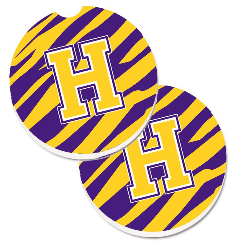 Caroline's Treasures Letter H Monogram - Tiger Stripe - Purple Gold Set of 2 Cup Holder Car Coasters CJ1022-HCARC, 2.56, Multicolor