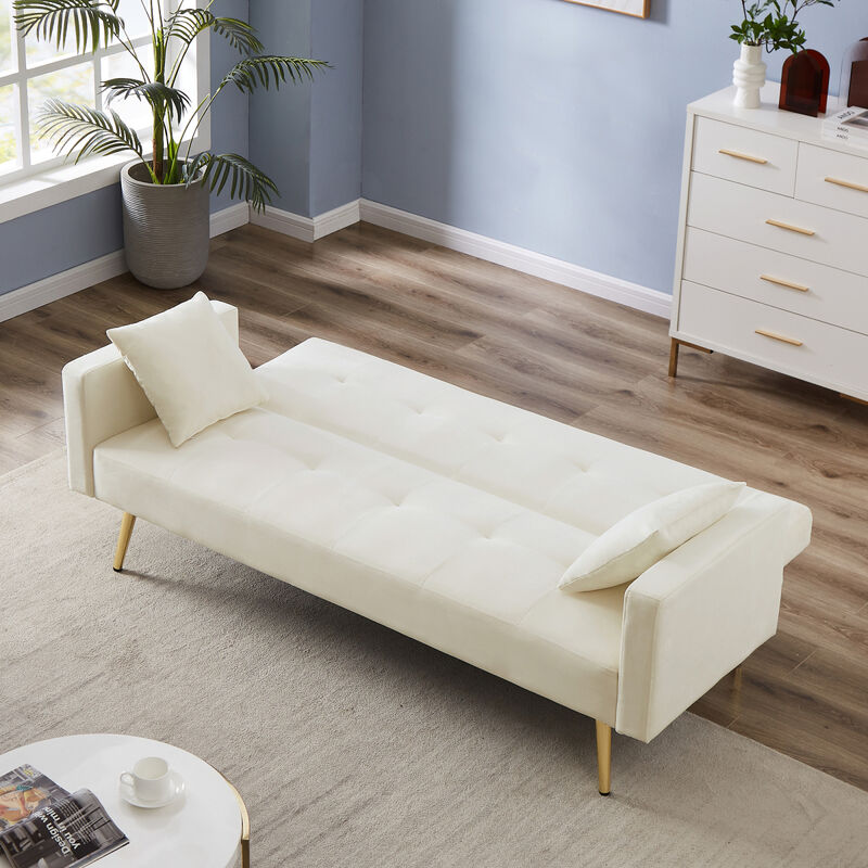 Cream White Velvet Convertible Folding Futon Sofa Bed, Sleeper Sofa Couch for Compact Living Space.