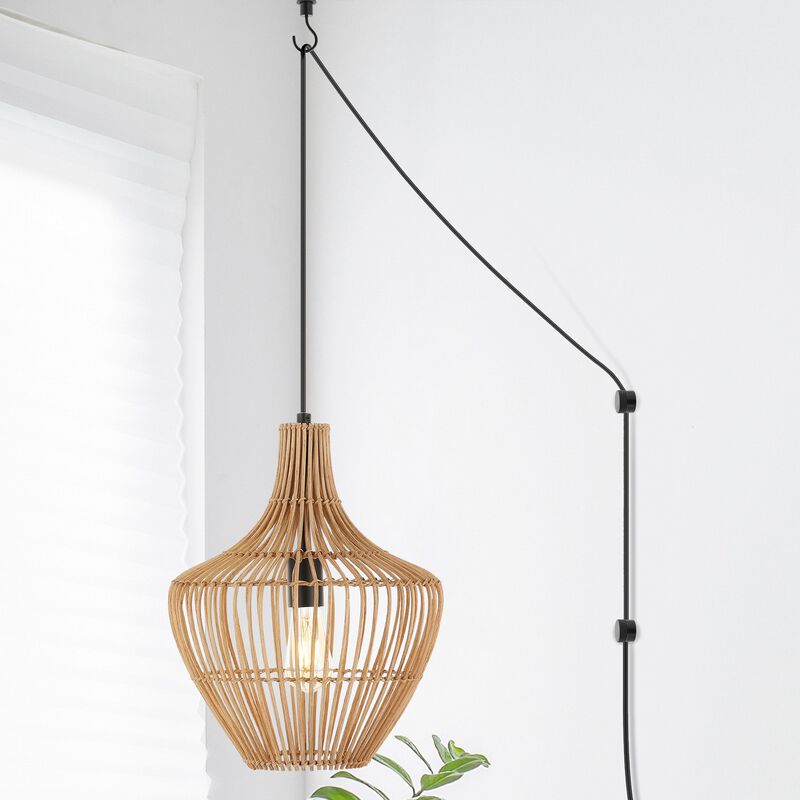 Lucas 1-Light Farmhouse Coastal Rattan 180" Cord Plug-In or Hardwired LED Pendant