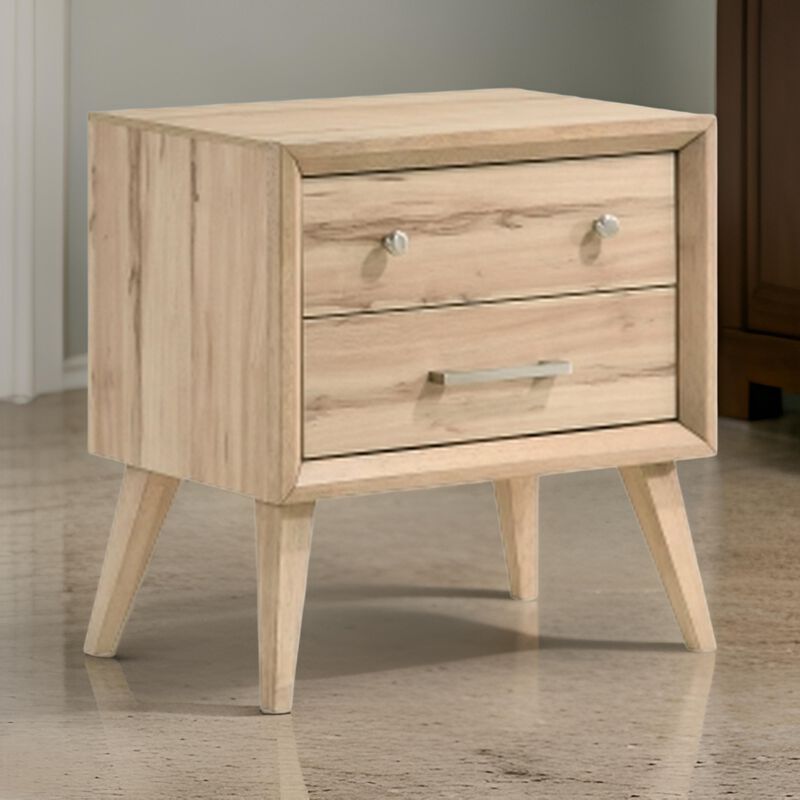 Kali 27 Inch Nightstand, 2 Drawers, Nickel Handles, Oak Brown Solid Wood - Benzara