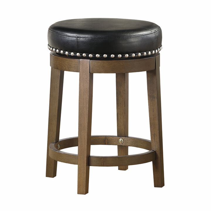 Bara 25 Inch Swivel Counter Stool, Black Round Faux Leather, Brown, Set of 2
