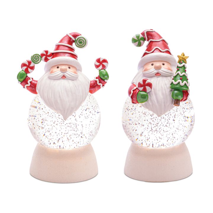 LED Christmas Snow Globes with Santa and Peppermint Base, Set of 2 for Tabletop