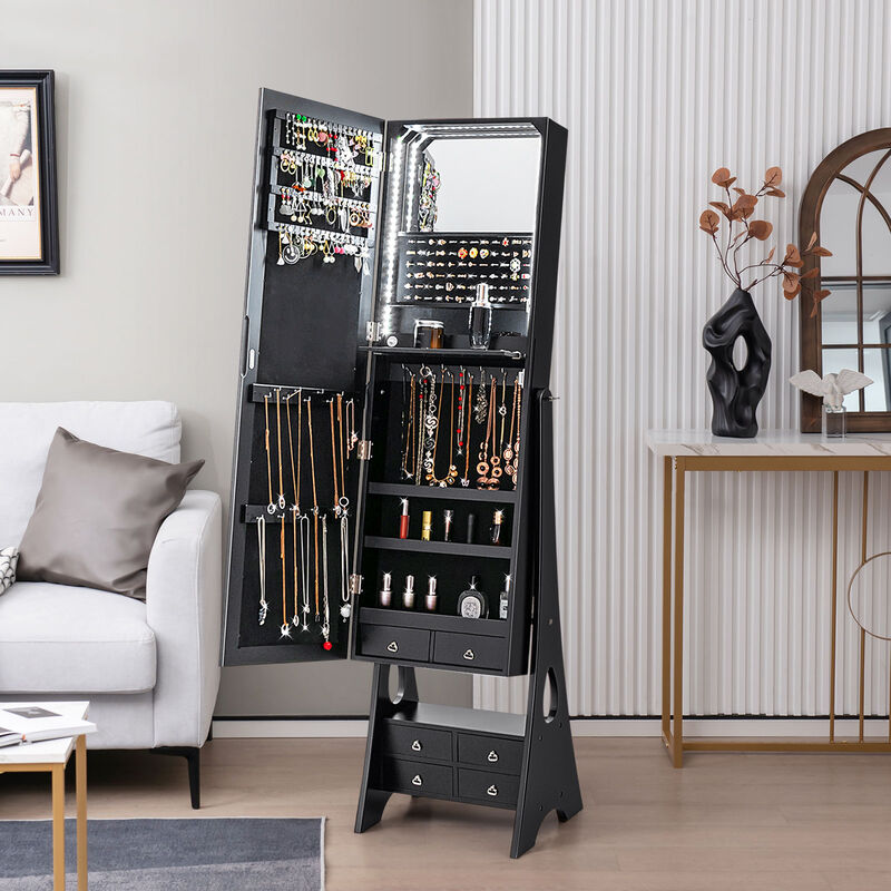 Freestanding Full Length LED Mirrored Jewelry Armoire with 6 Drawers