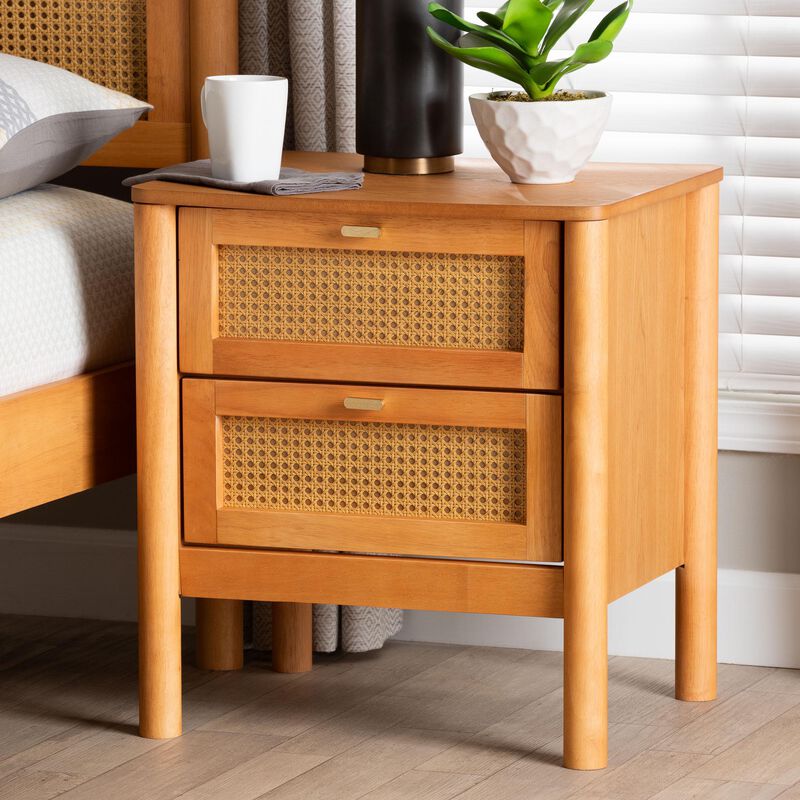 Baxton Studio Jenn Golden Brown Wood Japandi 2 Drawer Nightstand with Distressed Finished Rattan