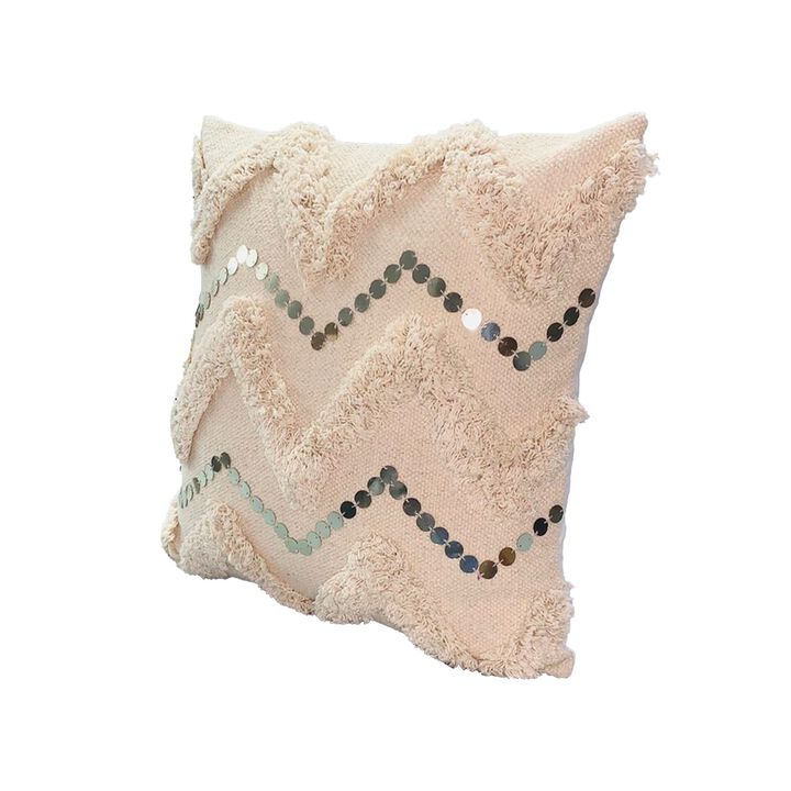 18 x 18 Square Cotton Accent Throw Pillow, Handcrafted Chevron Patchwork, Sequins, Set of 2, Blush Pink-Benzara