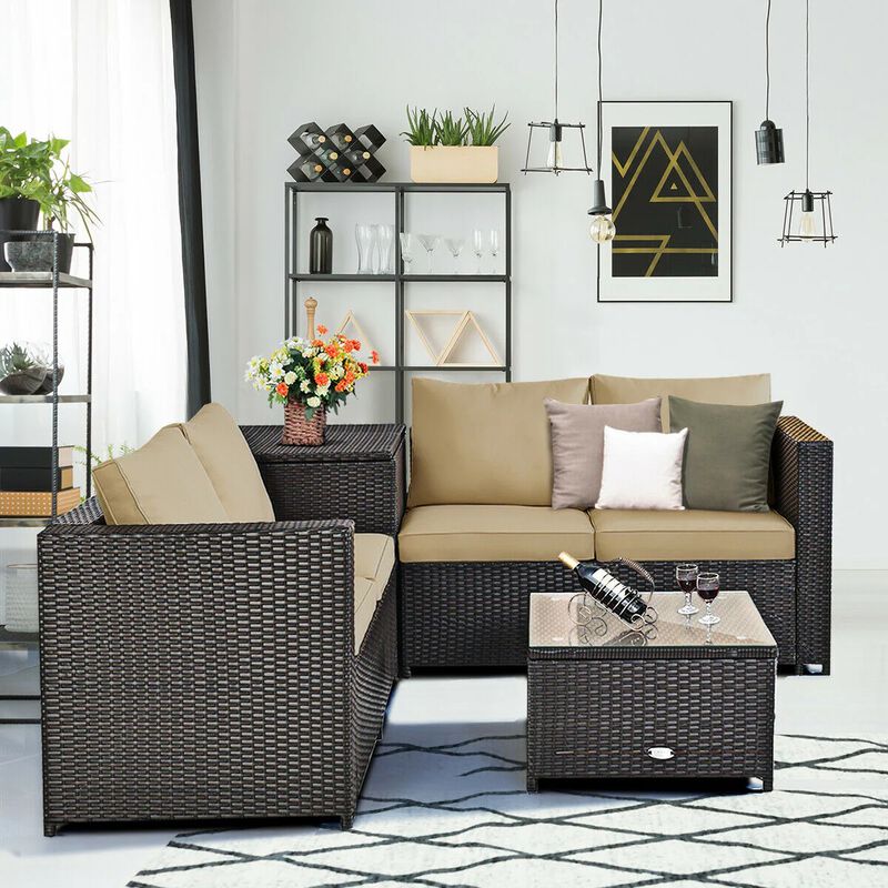 Mondawe 4 Pieces Outdoor Patio Rattan Furniture Set with Loveseat and Storage Box