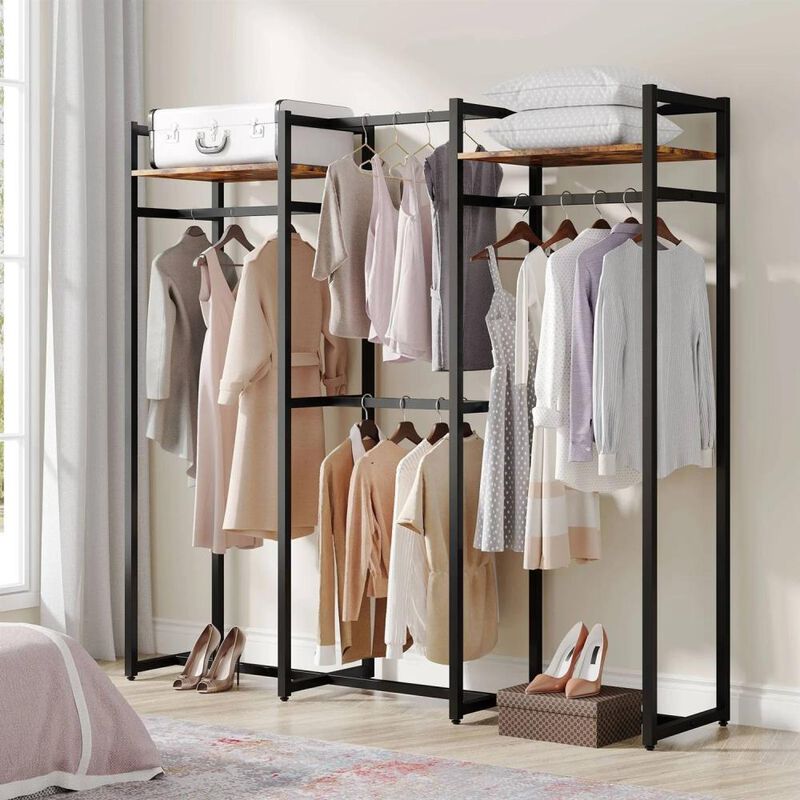 Hivvago Black Metal Garment Rack with 4 Clothes Hanging Rods and 2 Wood Storage Shelves