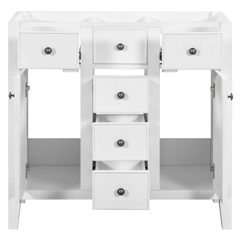 36" Bathroom Vanity without Sink, Cabinet Base Only, Two Cabinets and Five Drawers, Solid Wood Frame, White