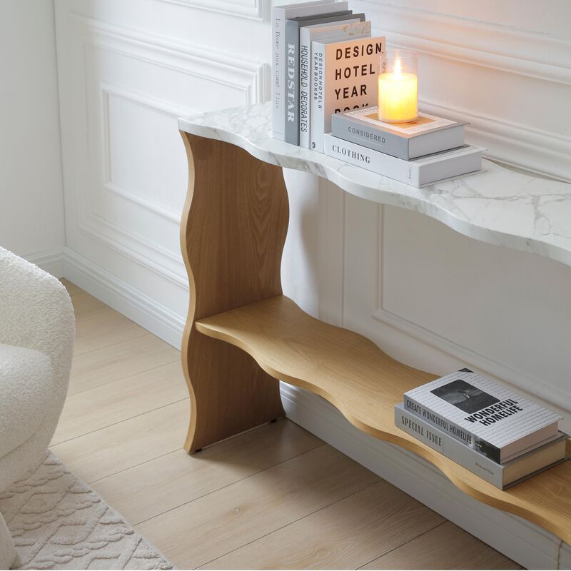 Whisper of Waves Modern Console Table with Marble Pattern Top & Solid Wood Veneer Shelf image number 5