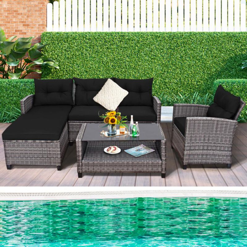 Hivvago 4 Pieces Patio Rattan Sofa Furniture Set with Cushion and 2-Tier Coffee Table