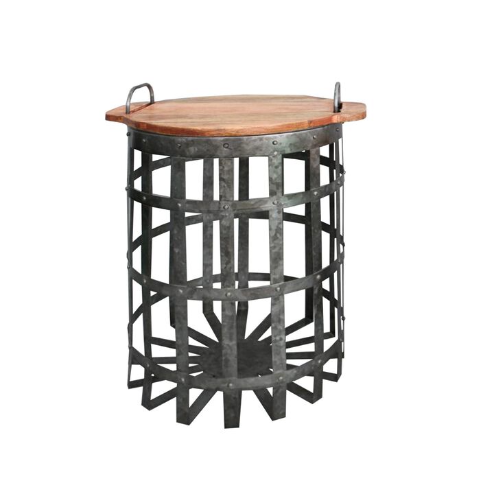Industrial Grid Galvanized Accent End Table with Round Lid and Handles, Set of 2, Gray and Brown-Benzara