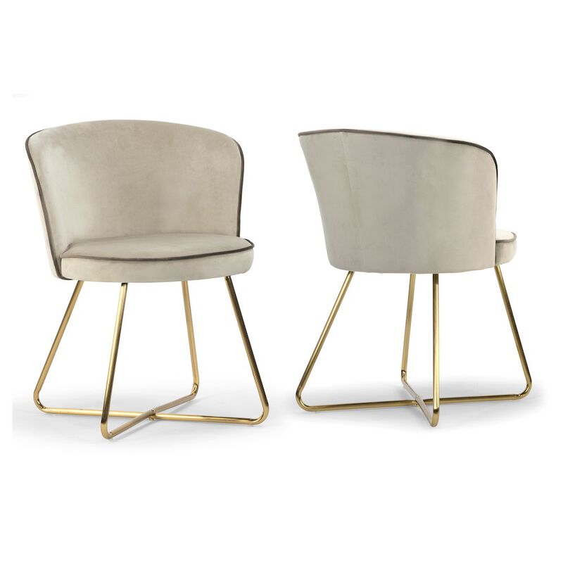 Glamour Home Set of 2 Beige Velvet Dining Chair Contrasting Piping and Golden Metal Legs