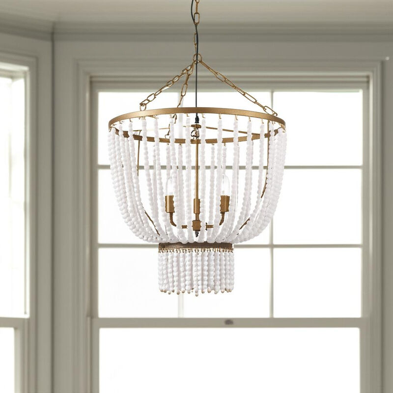 HomeRoots Gold And White Empire Three Light Metal and Beads Dimmable Chandelier image number 1