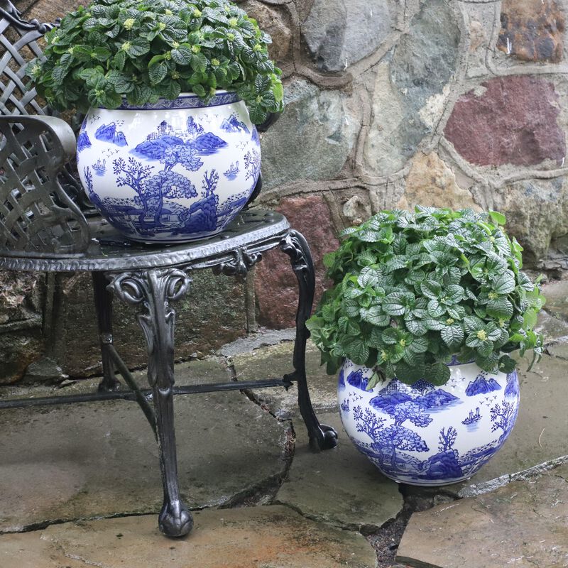 Euro Ceramica Blue & White Landscape Design 11" Ceramic Planter Pot image number 1