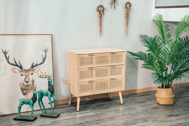 Scandinavian Bedroom Wooden Chest of Drawers with 3 Storage Drawers and Rattan Caning