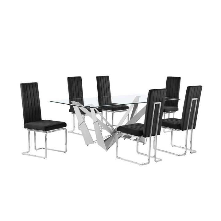 7pc Small(78") glass dining set with silver base and 6 Black side chairs
