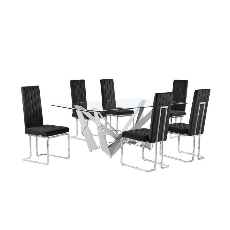 7pc Small(78") glass dining set with silver base and 6 Black side chairs