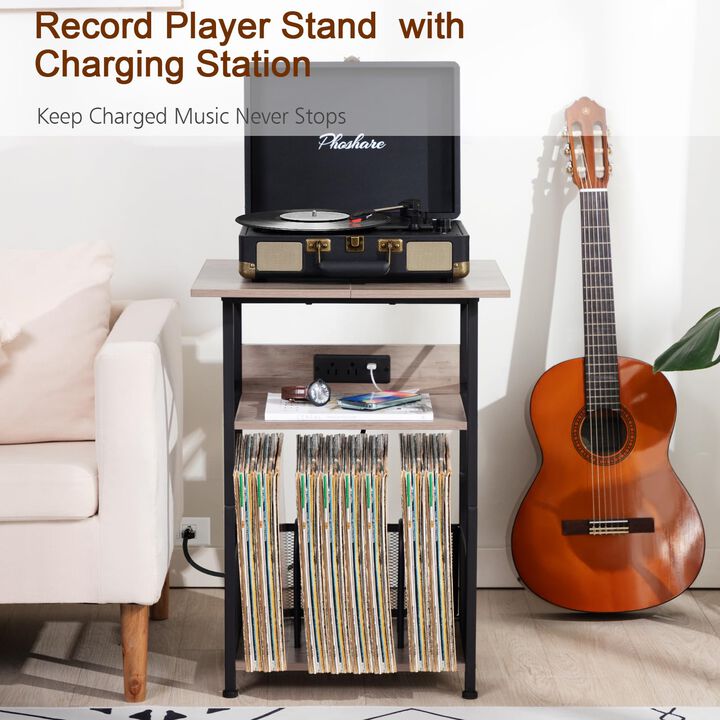 AMHANCIBLE Record Player Stand with Charging Station, Large Turntable Stand with Storage Cabinet, 3 Tier End Table Hold Up to 10
