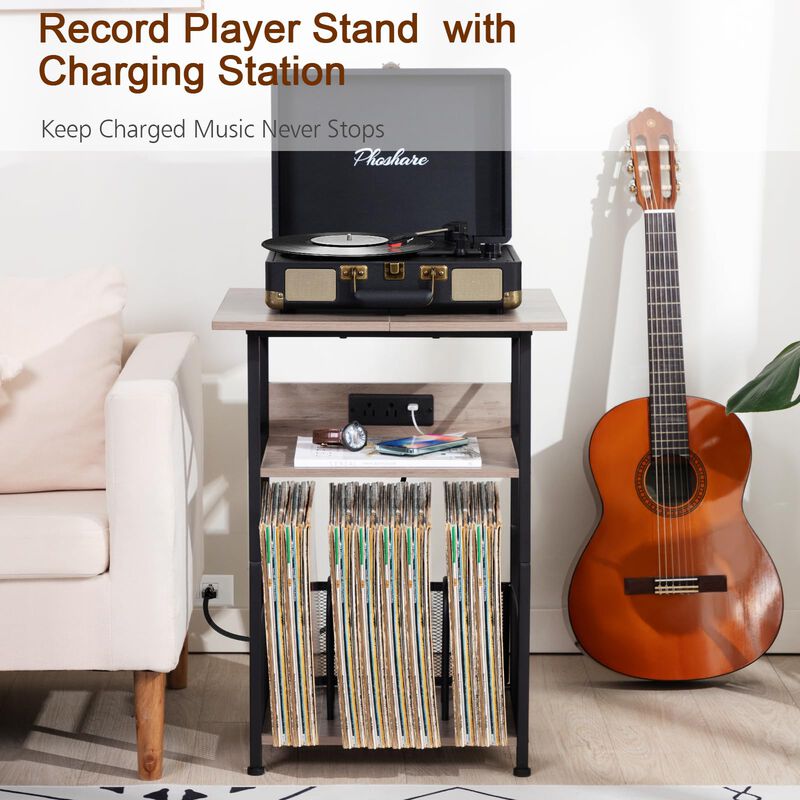 AMHANCIBLE Record Player Stand with Charging Station, Large Turntable Stand with Storage Cabinet, 3 Tier End Table Hold Up to 10