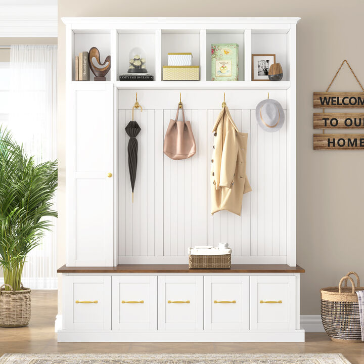 Merax 4-in-1 Entryway Hall Tree with Storage Bench, Hanging Hooks, Open Cubbies & Drawers