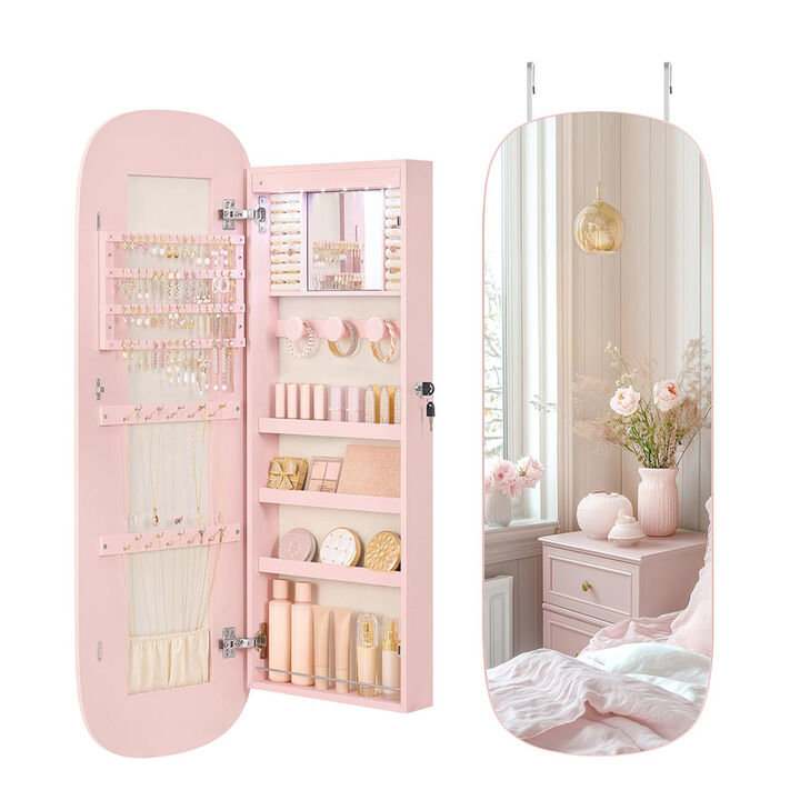LED Jewelry Armoire Wall Door Mounted Jelly Pink White Lining