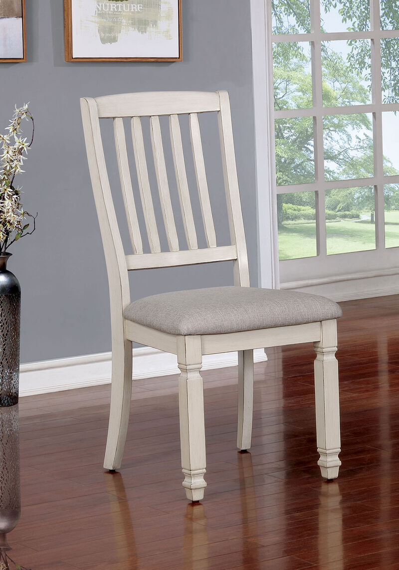 Solid Wood Side Chair With Fabric Padded Seat, Pack of Two, Antique White and Gray-Benzara