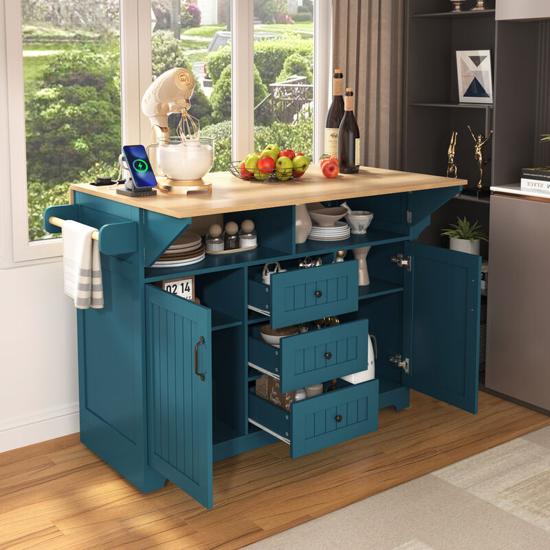 Whisen Modern Kitchen Island with 2 Drop Leaf, Power Outlet and Drawers - Green