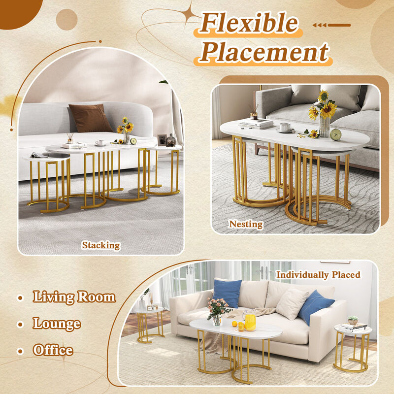 Nesting Coffee Table Set of 3 with Faux Marble Tabletop and Powder-coated Gold Metal Frame image number 7