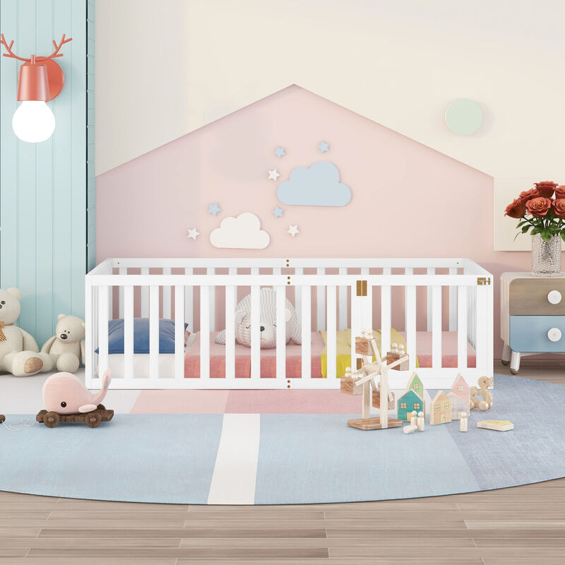 Streamdale Twin Size Wood Floor Bed Frame With Fence And Door