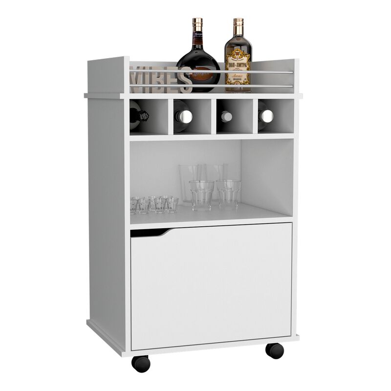 35" H light pine coffee and bar cart, with 4 wheels, division for 4 bottles, central shelf, drawer with openwork door handle. Storage cabinet for glasses and snacks.