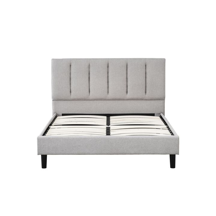 Heli Queen Bed, Gray Linen Upholstered Frame, Vertical Tufted Headboard-Benzara