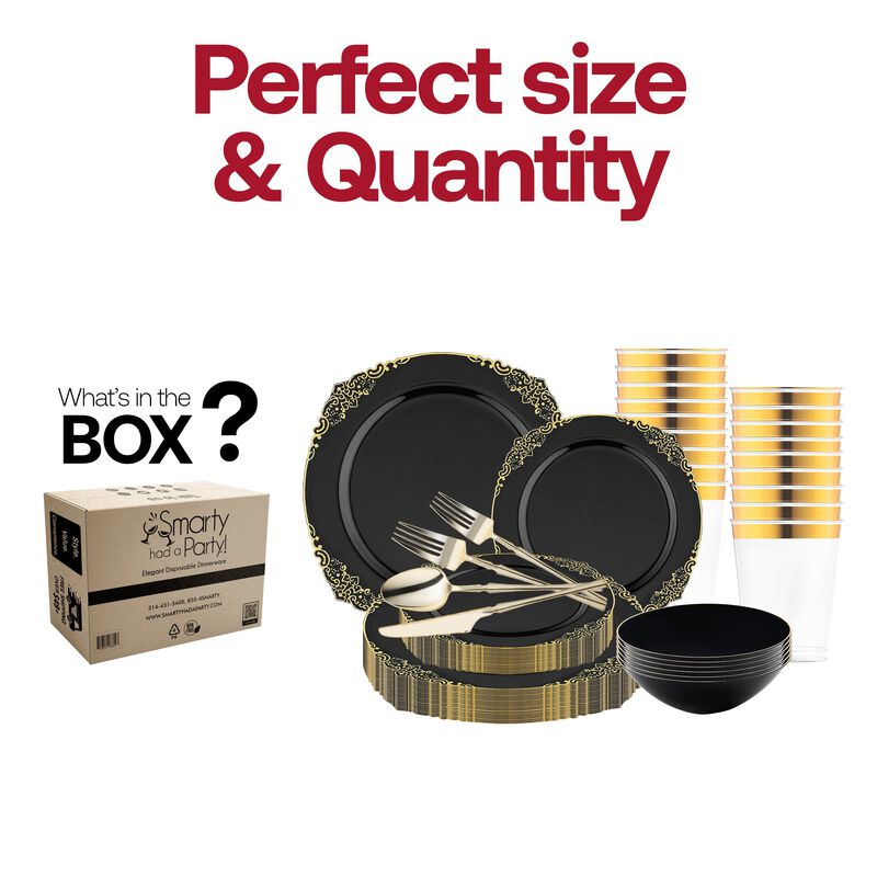 Black with Gold Fancy Round Plastic Tableware Set (120 Sets) image number 5