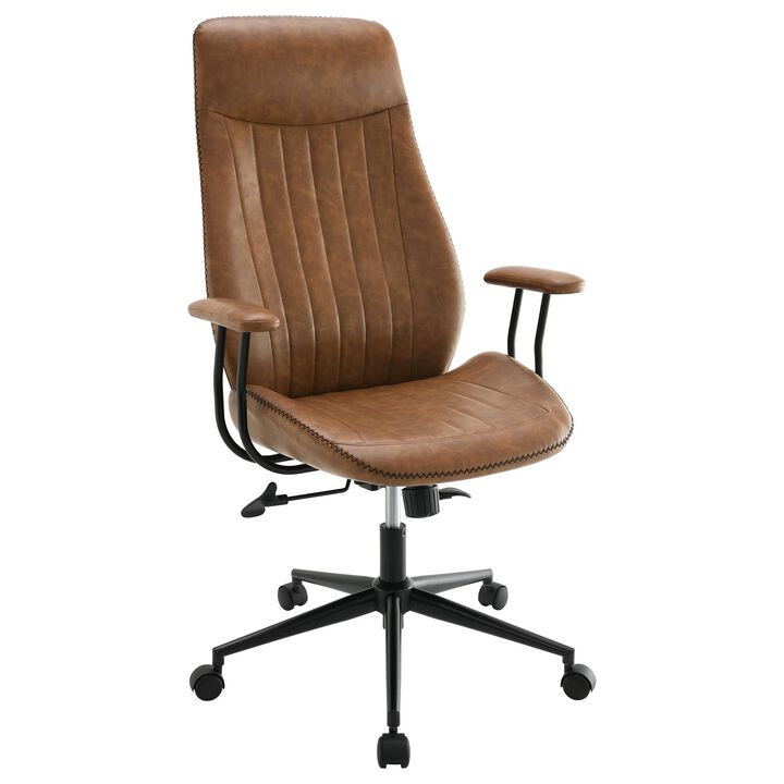Anie Adjustable Desk Chair, Rolling Base, Brown Tufted Faux Leather - Benzara