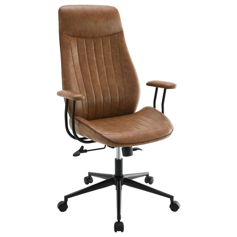 Anie Adjustable Desk Chair, Rolling Base, Brown Tufted Faux Leather - Benzara