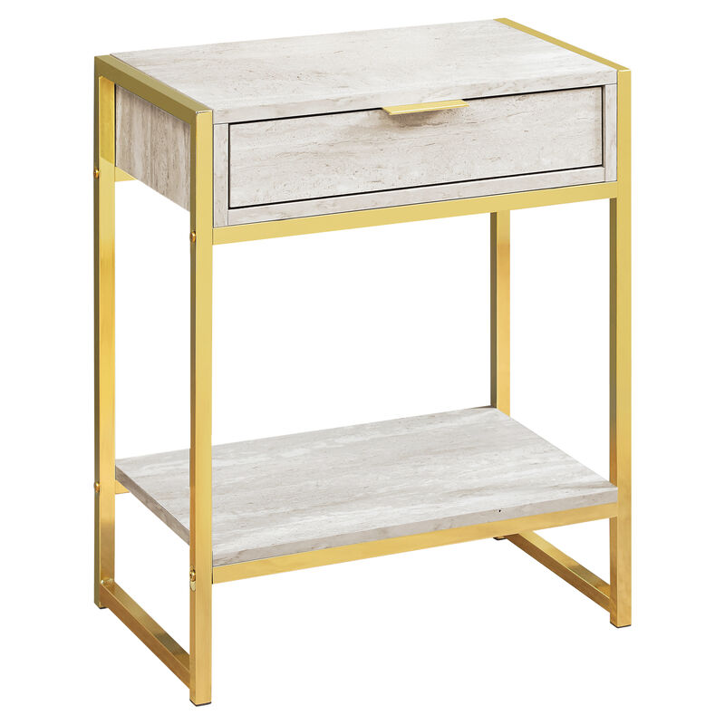 Monarch Specialties I 3483 Accent Table, Side, End, Nightstand, Lamp, Storage Drawer, Living Room, Bedroom, Metal, Laminate, Beige Marble Look, Gold, Contemporary, Modern image number 1