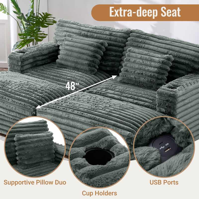 Merax Oversized Chaise Sofa  Loveseats with Plush Faux Rabbit Fur, Deep Seating, Built-in USB Charging image number 3