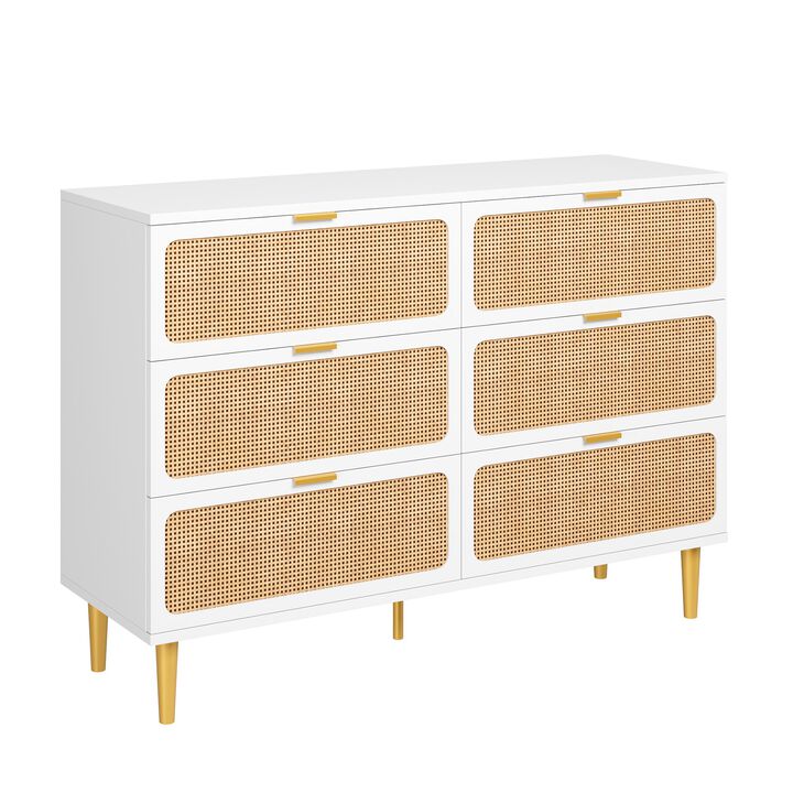 Modern Rattan 6-Drawer Wooden Dresser, Spacious Storage Cabinet, Freestanding for Bedroom, Living Room, Hallway, Kids Room