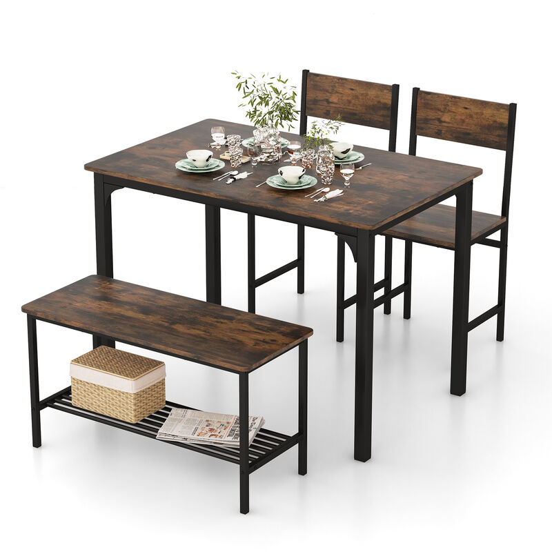 4 Pieces Rustic Dining Table Set with 2 Chairs and Bench