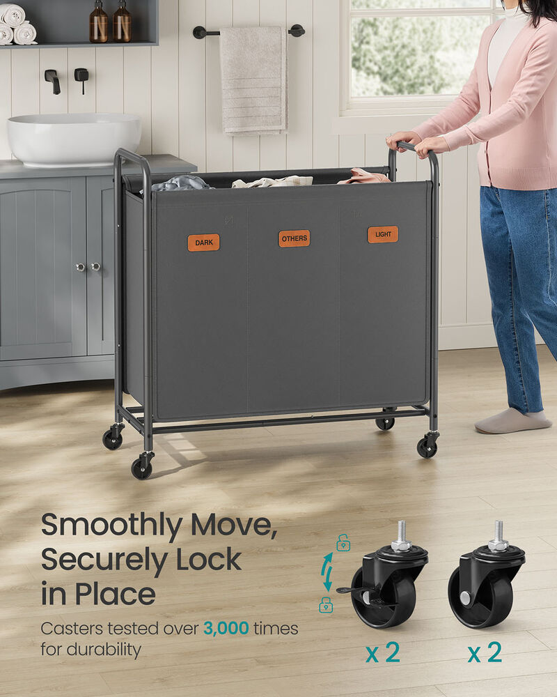 Large 3-Compartment Laundry Cart with Wheels – 44.9 Gal Slate Gray Hamper for Home or Dorm