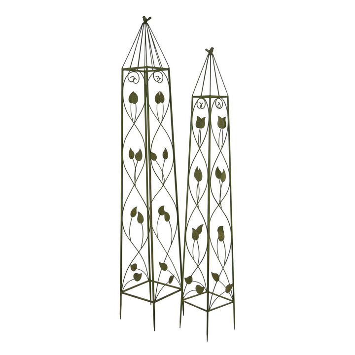 Kanye Garden Trellis Set of 2, Leaf Details Vertical Plant Green Metal - Benzara