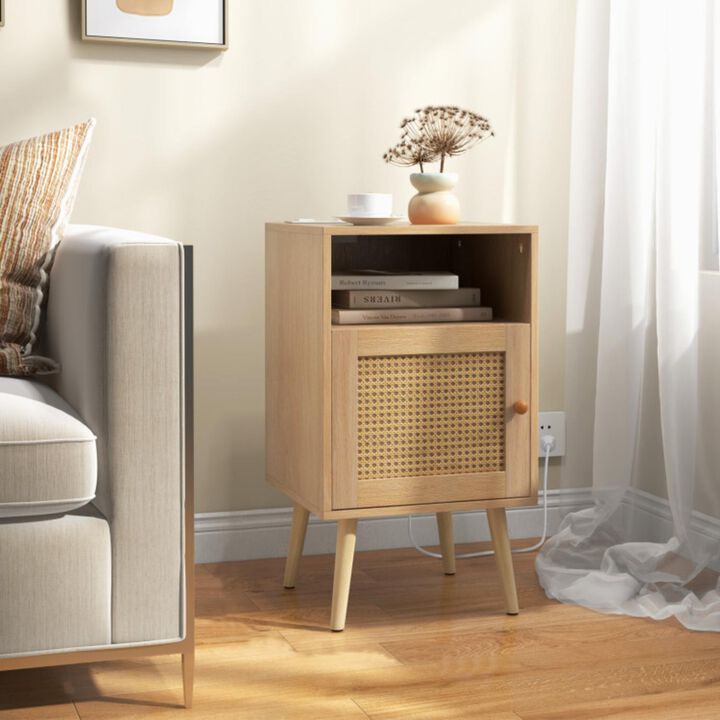 Hivvago Rattan Nightstand with Charging Station Bedside Table with USB Ports and PE Rattan Door